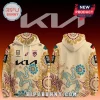 Brisbane Broncos Indigenous-style hoodie featuring Kia branding, NRL logo, and tan background with dot art patterns.!