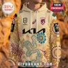Brisbane Broncos NRL hoodie with cream background, Indigenous dot art patterns, Kia logo, and Deadly Choices branding.!