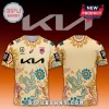 Brisbane Broncos NRL indigenous jersey featuring beige fabric, dot art patterns, Kia logo, and Asics branding.!