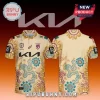 Brisbane Broncos NRL polo shirt featuring Indigenous dot art patterns, Kia branding, and official team logos.!