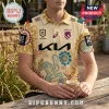 Brisbane Broncos Indigenous NRL polo shirt in cream with Aboriginal dot art, KIA branding, and team logos.!