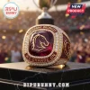 Brisbane Broncos We Charge On gold championship ring with red gemstone, team horse logo, and clear diamond accents.