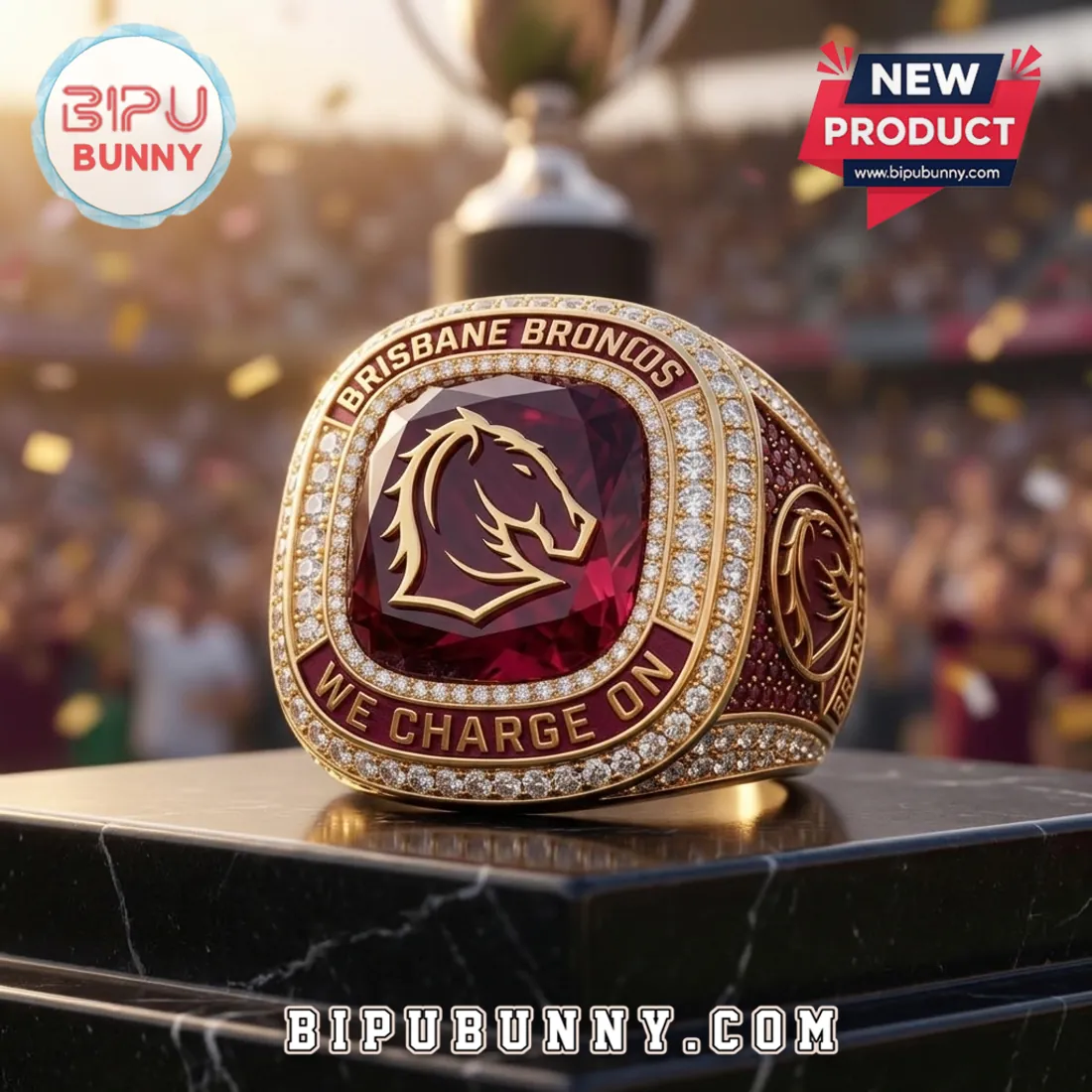 Brisbane Broncos We Charge On Gold Championship Ring Brisbane Broncos We Charge On Gold Championship Ring