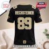 Black football jersey with gold number 89 and name RECHSTEINER, featuring Fleur-de-lis logos on shoulders and hem.!