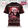BTS 2026 FIFA World Cup Memorial T-Shirt featuring member portraits, red lighting, and printed signatures on black fabric.