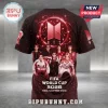 BTS 2026 FIFA World Cup Memorial T-Shirt featuring a group photo of the band members, red cosmic graphics, and bold text.