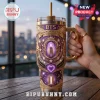 BTS Arirang World Tour Gold Accent 40oz Stanley Tumbler featuring ornate purple designs, golden handle, and light-up base.