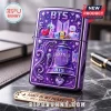 BTS Army Heart Engraved Purple Lighter Case featuring BT21 characters, sparkles, and a bell motif on a marble surface.