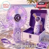 BTS Army Purple LED hand fan featuring text We Are Bulletproof on a circular clear blade and intricate purple handle art.