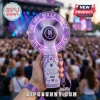BTS Army purple LED hand fan with We Are Bulletproof text and BTS logo, held against a blurred concert background.