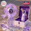 BTS Army Purple LED Hand Fan with circular light ring, BTS logo, and decorative floral patterns on a wooden table.