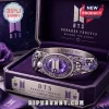 BTS Borahae Purple Crystal Stainless Steel Bracelet featuring BTS logos and purple gems in a matching branded gift box.
