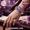 BTS Borahae Purple Crystal Stainless Steel Bracelet featuring BTS ARMY logo and floral motifs on a hand over a piano.