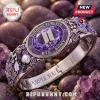BTS Borahae Purple Crystal Stainless Steel Bracelet with engraved text and musical motifs on a purple crystal background.