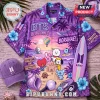 BTS BT21 Characters Tropical Hawaiian Purple Shirt featuring K-pop icons, palm trees, and sunset patterns on fabric.
