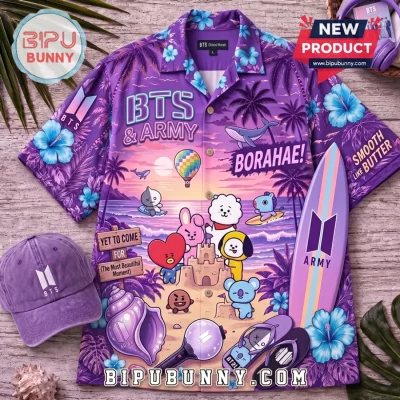 BTS BT21 Characters Tropical Hawaiian Purple Shirt