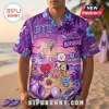 BTS BT21 Characters Tropical Hawaiian Purple Shirt featuring K-pop icons, palm trees, and a sunset beach background.
