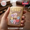 BTS BT21 Limited Edition Gold Metal Lighter Case featuring embossed Cosmic Friends characters and decorative hearts.