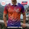 BTS Butterfly Ombre Polo Shirt featuring a galaxy print with purple and orange gradient, white collar, and crown logo.