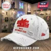 BTS Distressed Baseball Cap in light grey denim featuring red embroidered member names and world tour branding.