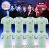 Eight light green France national soccer jerseys with gold rooster crests and unique player numbers on a blue gradient.!