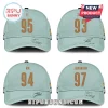 Four light blue baseball caps featuring embroidered gold jersey numbers and black BTS member signatures on the front panels.!