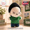 BTS Min Yoongi Grumpy Face Plush Doll wearing a green striped shirt, denim pants, and a black beanie on a wooden desk.