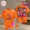 BTS Permission To Dance Orange T-Shirt featuring member photos, band logo, and colorful floral and star patterns.