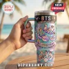 BTS Summer Escape Pastel Stainless Steel Handle Tumbler featuring beach-themed illustrations and iridescent handle.