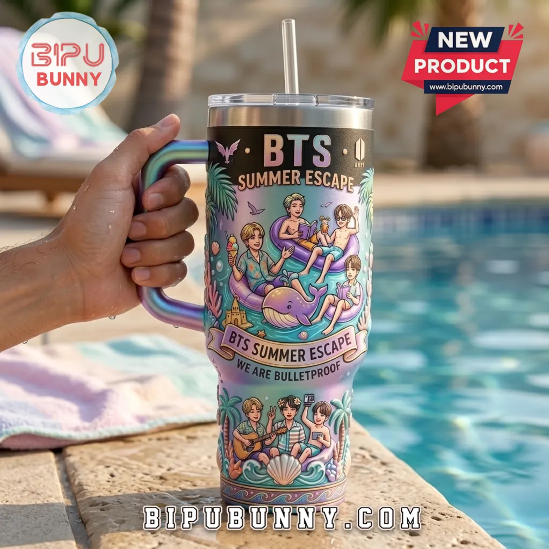 BTS Summer Escape Pastel Stainless Steel Handle Tumbler BTS Summer Escape Pastel Stainless Steel Handle Tumbler
