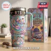 BTS Summer Escape Pastel Stainless Steel Handle Tumbler featuring beach graphics and members in a vibrant summer theme.