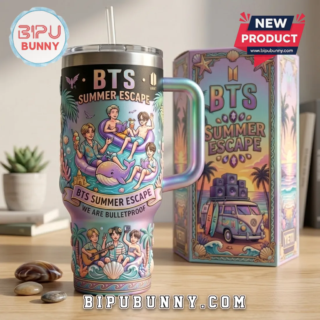 BTS Summer Escape Pastel Stainless Steel Handle Tumbler BTS Summer Escape Pastel Stainless Steel Handle Tumbler