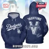 BTS Taehyung Los Angeles Dodgers pullover hoodie with navy blue fabric, white team branding, and signature graphics.