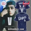 BTS Taehyung Los Angeles Dodgers pullover hoodie featuring deep blue fabric, front logo, and back V-themed graphic print.