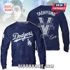 BTS Taehyung Los Angeles Dodgers pullover hoodie in navy blue featuring team logos and Taehyung name graphics.