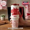 BTS World Tour 2026 Red Handle Tumbler featuring white stainless steel body, red handle, and BTS logo with member names.