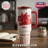 BTS World Tour 2026 Red Handle Tumbler featuring white cylindrical body, red accents, and concert tour dates printed in red.