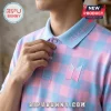BTS x ARMY Plaid Pastel Polo Shirt with blue and pink checkered pattern, button-up collar, and embroidered chest logo.