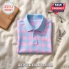 BTS x ARMY Plaid Pastel Polo Shirt with blue collar, pink and blue checkered pattern, and BTS logo on a neutral background.