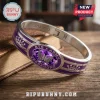 BTS x ARMY Purple Crystal Stainless Steel Bracelet with engraved 2013.06.13 date and crown icons on a wooden surface.