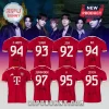 Red Bayern Munich soccer jerseys featuring BTS member names, birth years, and printed signatures on the back.!