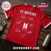 Red FC Bayern soccer jersey with white BTS logo and seven white printed signatures on the back.!