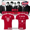 BTS x FC Bayern Munich red jersey with white T-logo, team crest, and band member signatures on the back.!