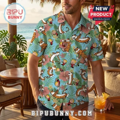 Calvin and Hobbes Dancing Blue Hawaiian Shirt