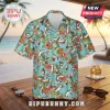 Calvin and Hobbes tropical pattern short-sleeve button-down shirt on light blue background with green ferns and flowers.!