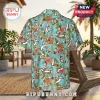 Short-sleeve button-down shirt featuring a tropical pattern of Calvin and Hobbes characters with pink hibiscus flowers.!