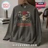 Canada Strong Mountain Paw Print Charcoal Sweatshirt featuring a red maple leaf, mountain landscape, and animal paw graphic.