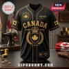 Black baseball jersey with gold Canada Forces crest, maple leaf emblem, and customizable name text on a desk.!