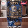 Canterbury-Bankstown Bulldogs 91st Anniversary YETI handle tumbler with blue marble pattern, gold mascot, and stadium icon.