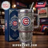 Chicago Cubs stainless steel tumbler featuring embossed stadium graphics, red and blue rhinestones, and branded gift box.!